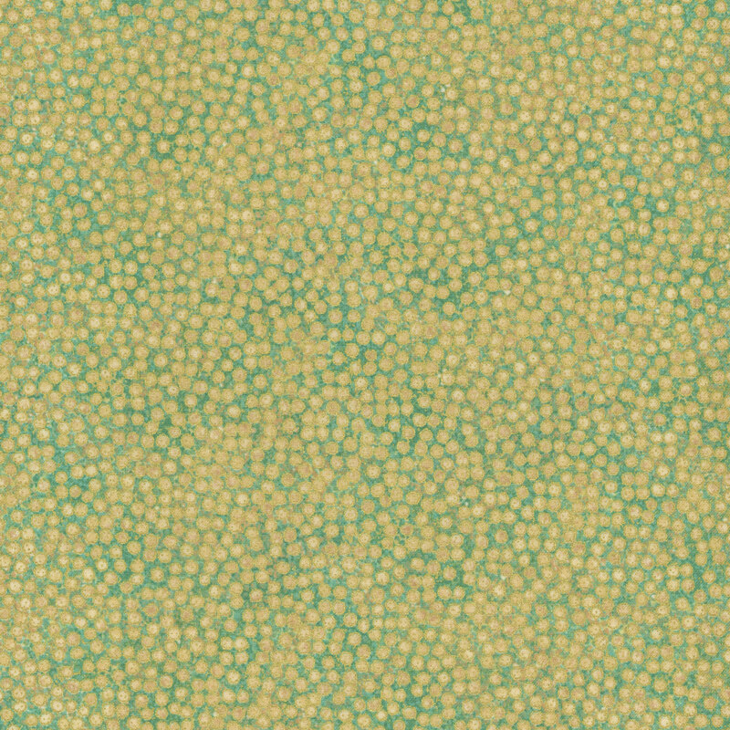 mottled beige and green fabric featuring dense, small dots with gold metallic outlines