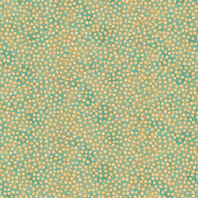 mottled beige and green fabric featuring dense, small dots with gold metallic outlines