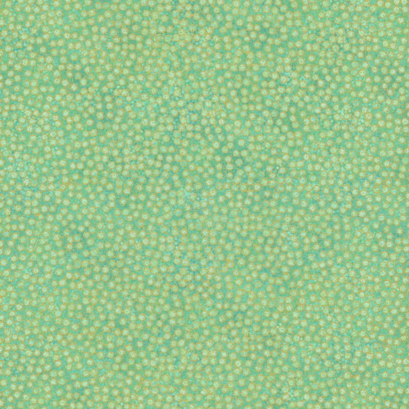 mottled kelly green fabric featuring dense, small dots with gold metallic outlines
