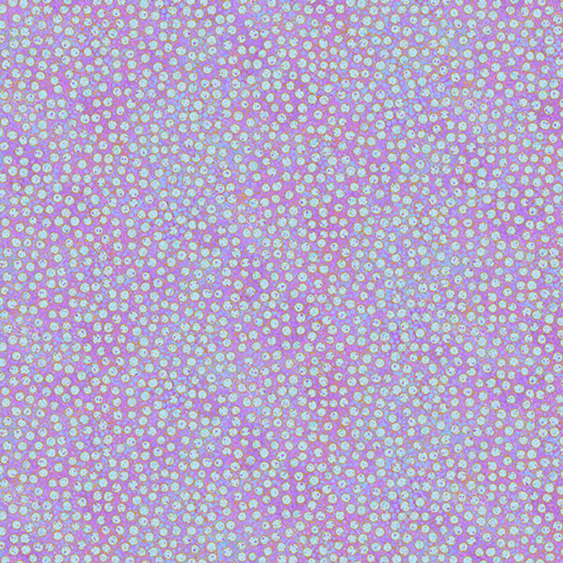 mottled purple fabric featuring dense, small dots with gold metallic outlines