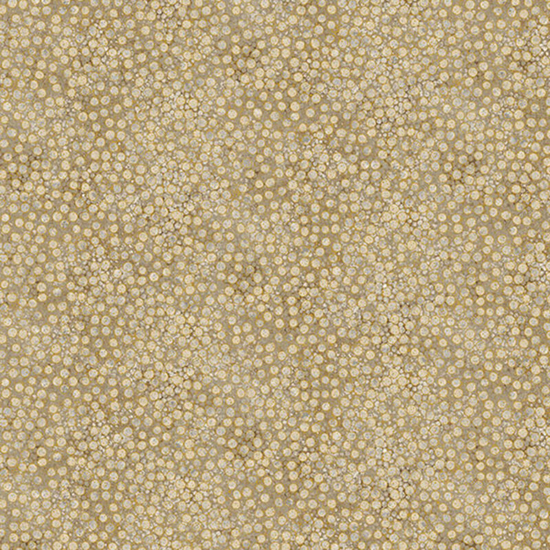 mottled taupe fabric featuring dense, small dots with gold metallic outlines