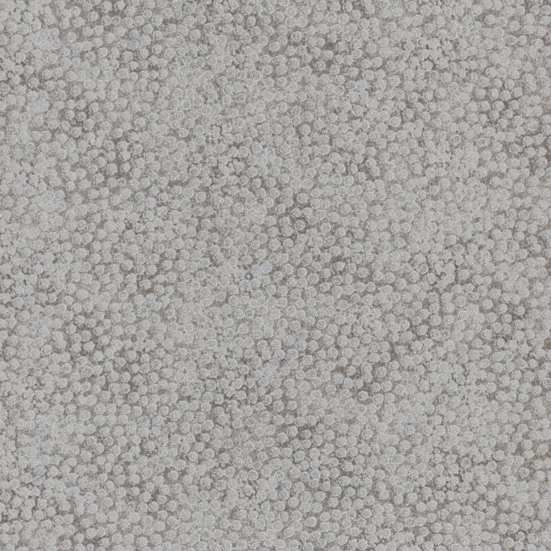 mottled steel gray fabric featuring dense, small dots with silver metallic outlines