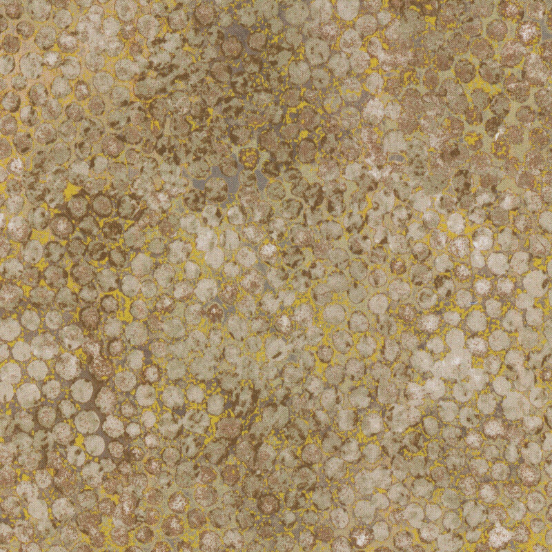 mottled olive brown fabric featuring abstract dots with tan and gold accents.