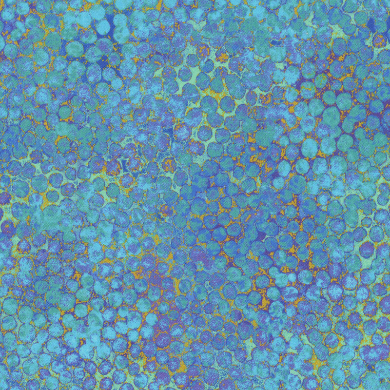 mottled aqua fabric featuring abstract dots with dark blue, yellow, and gold accents.