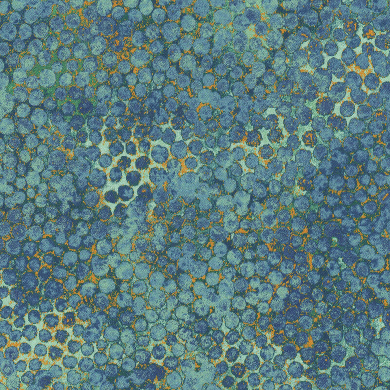 mottled jade green fabric featuring abstract dots with dark green, yellow, and gold accents.