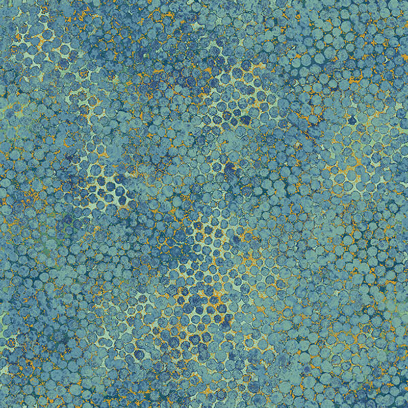 mottled jade green fabric featuring abstract dots with dark green, yellow, and gold accents.