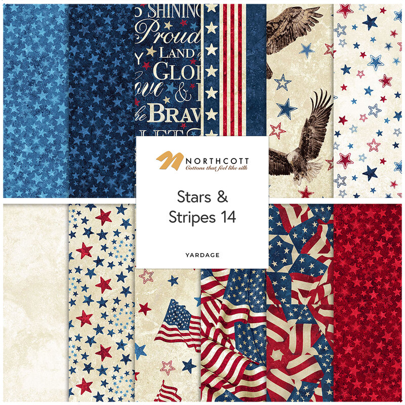 Collage of patriotic fabrics featuring flag motifs in red, cream and blue.