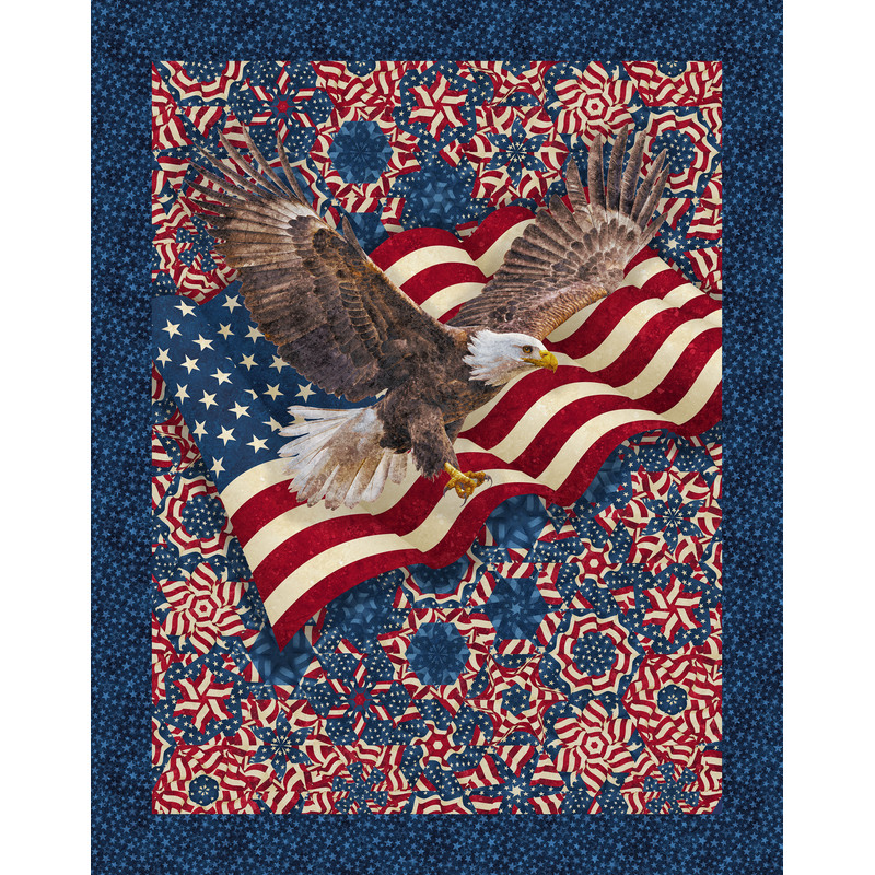 Panel featuring a bald eagle and a large American flag over a spiral pattern of American flags with a navy blue border.