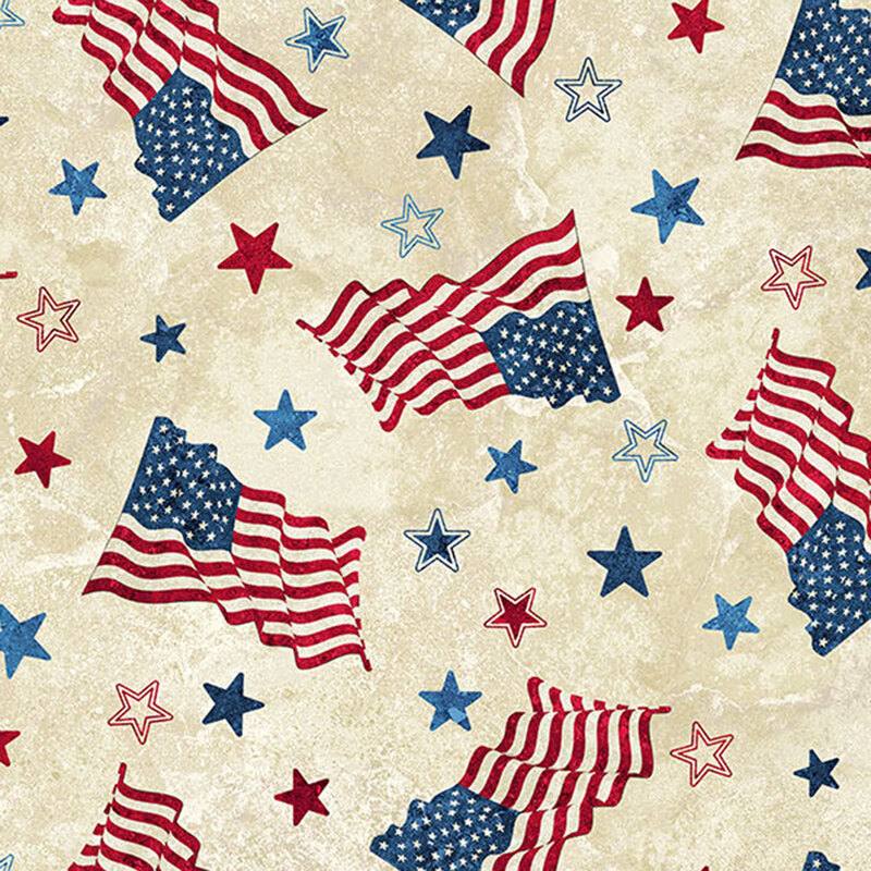 Grunge beige fabric featuring scattered American flags with red and blue stars.
