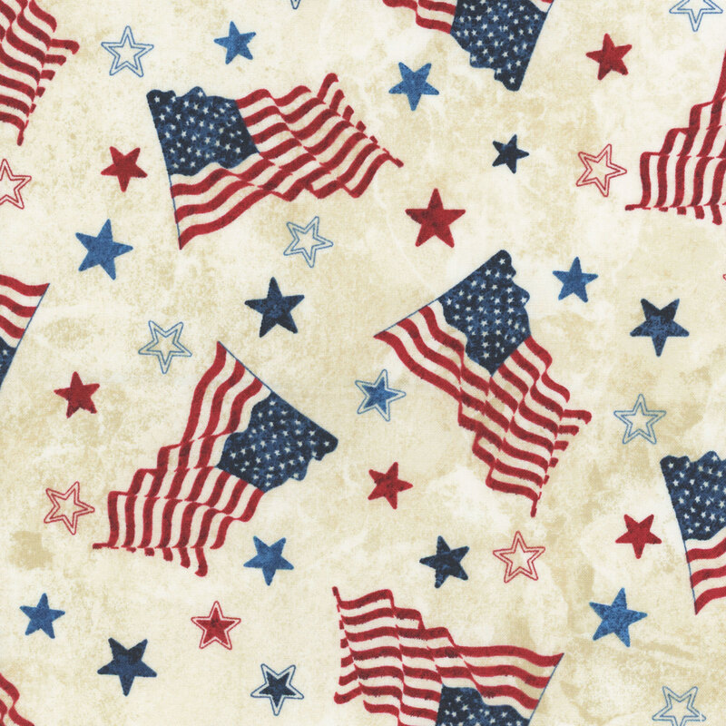 Grunge beige fabric featuring scattered American flags with red and blue stars.