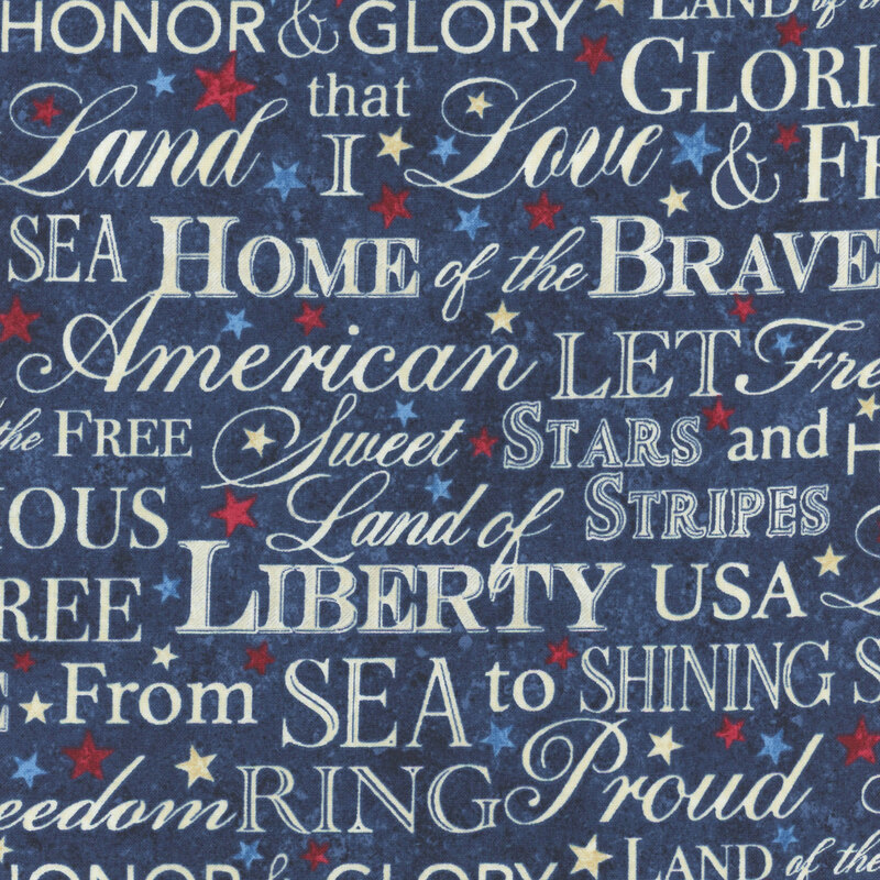 Textured navy blue fabric with cream printed words in an Americana theme. 