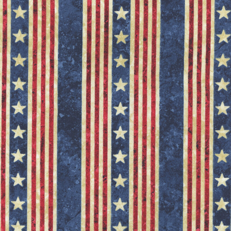 Red and cream stripes on a navy blue textured fabric featuring cream colored stars. 