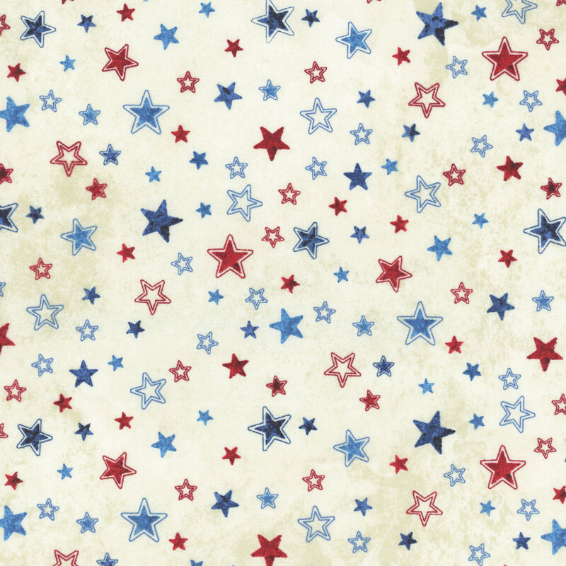 Textured cream background with scattered red and navy blue stars.