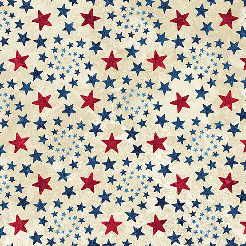 Textured cream background with tossed red and navy blue stars.