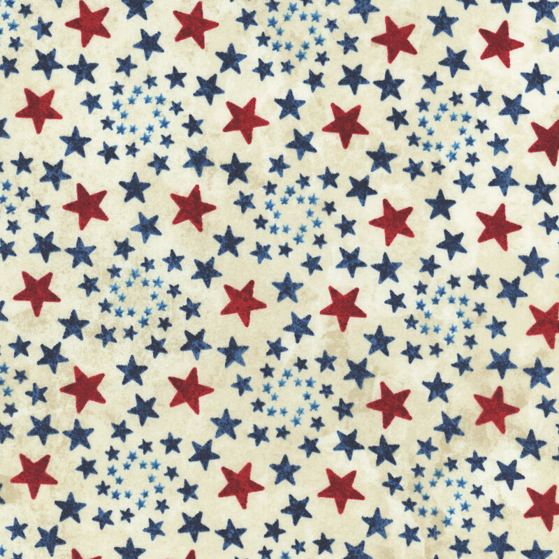 Textured cream background with tossed red and navy blue stars.