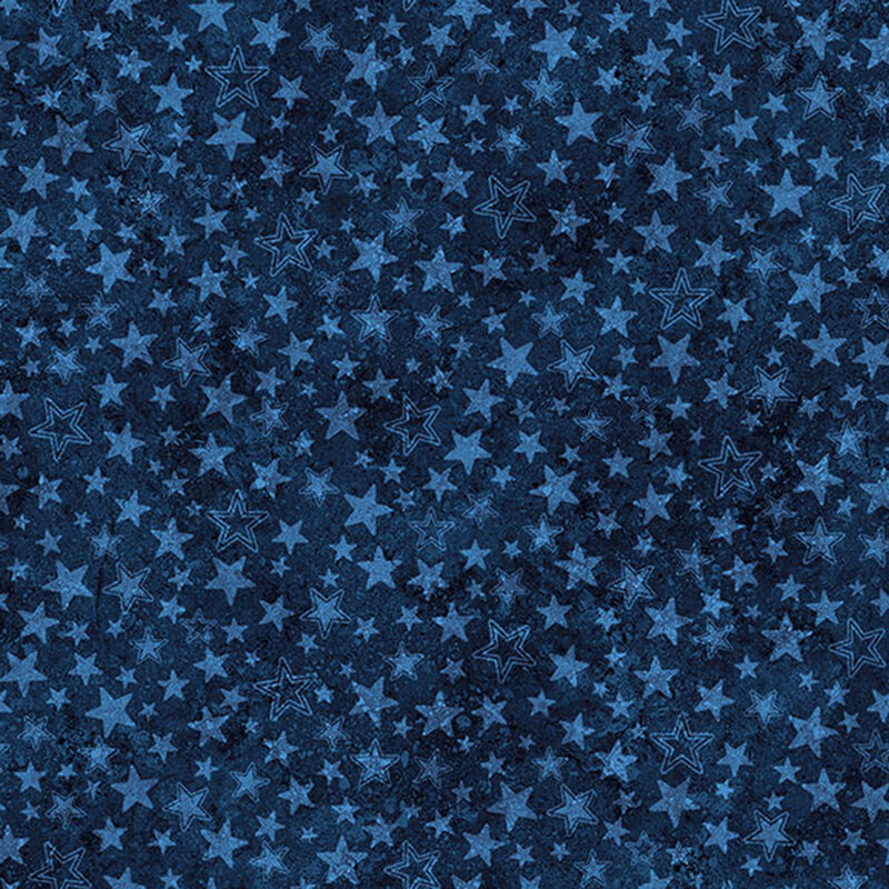 Textured navy blue fabric with a pattern of scattered stars.