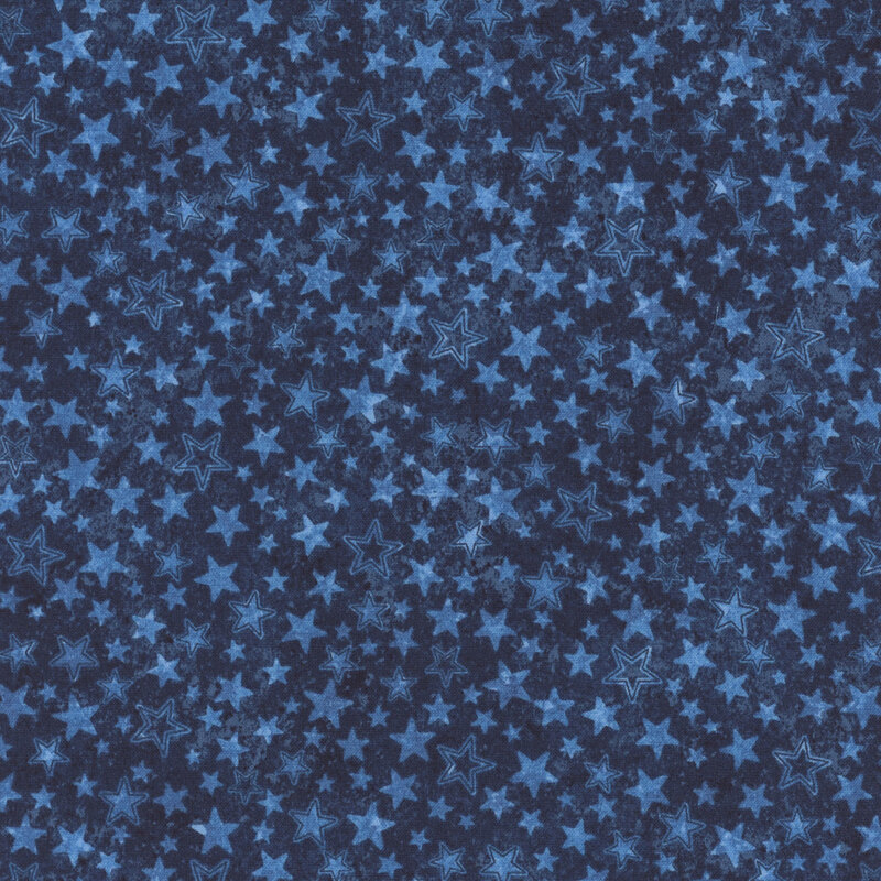 Textured navy blue fabric with a pattern of scattered stars.