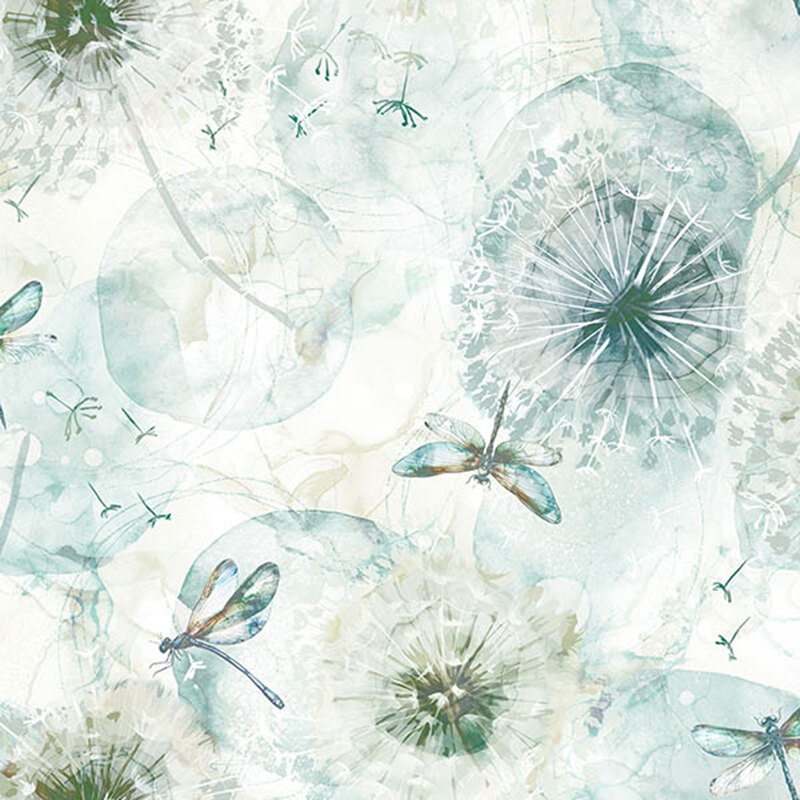 White background with light aqua and teal watercolor bubbles, dandelion puffs and dragonflies. 