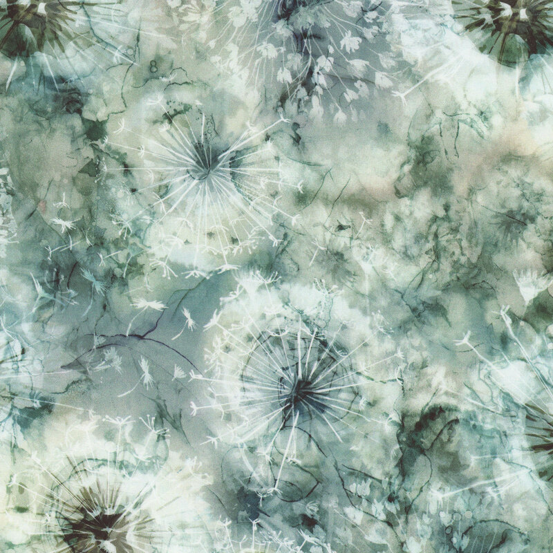 Eucalyptus green and turquoise watercolor background with bursts of dandelion puffs in the foreground.