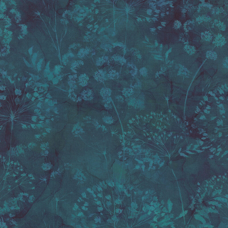 Deep teal fabric with tonal aquamarine a pattern of dandelion puffs and leaves.