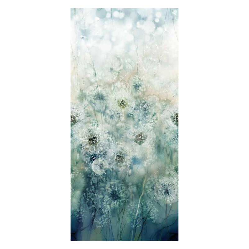 A scene of up-close turquoise dandelion puffs in dappled sunlight. 