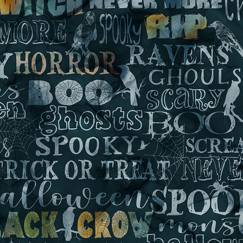 A black watercolor fabric featuring halloween words, ravens and spiderwebs. 