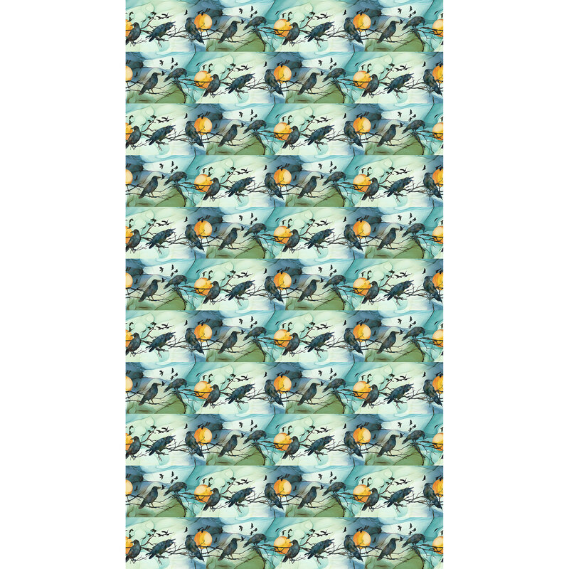 A blue watercolor border stripe fabric featuring ravens and full moons. 