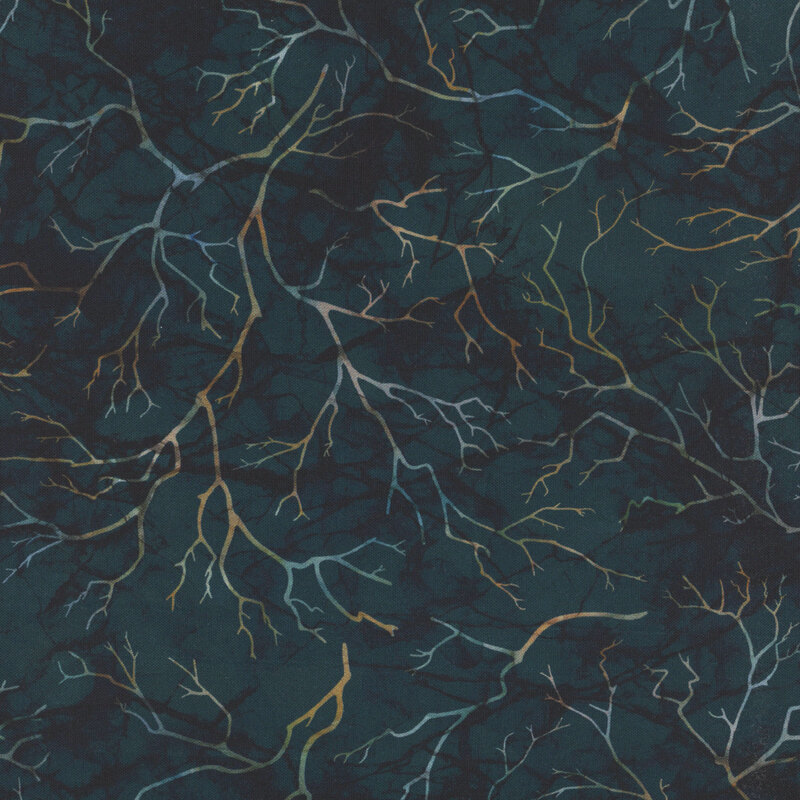 A black watercolor fabric featuring spooky tree branches. 