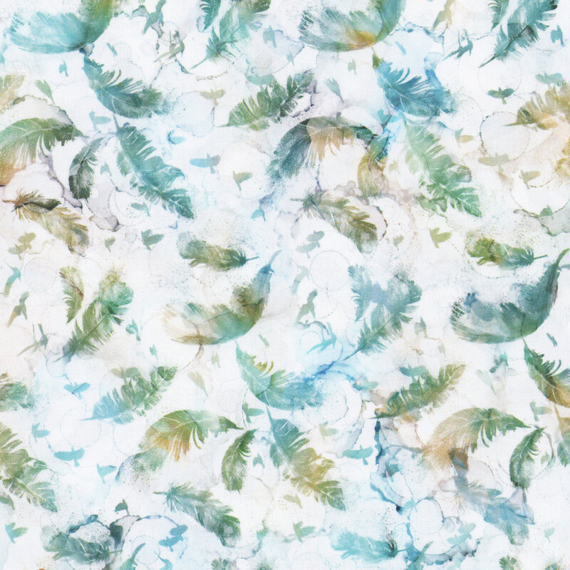 A white watercolor fabric featuring distant ravens and tossed feathers. 