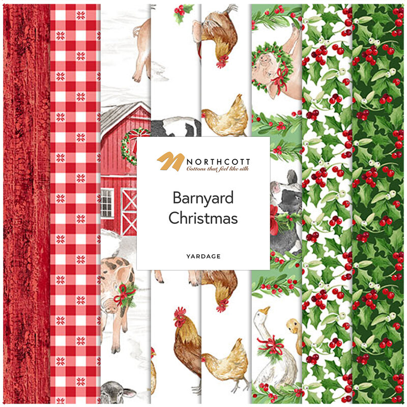 Digital collage of fabrics included in the Barnyard Christmas collection with red, white, and green fabrics featuring a barn yard motif.