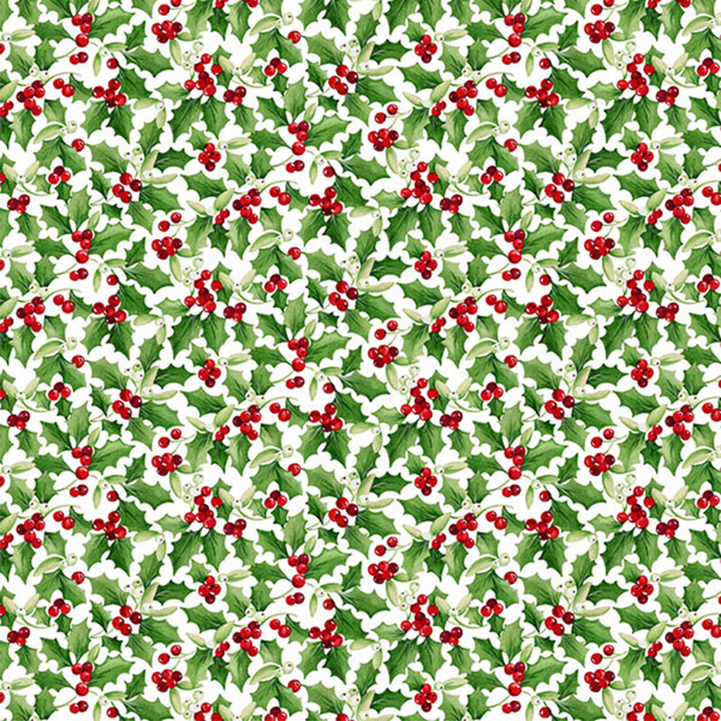 white fabric packed with sprigs of green holly and red holly berries