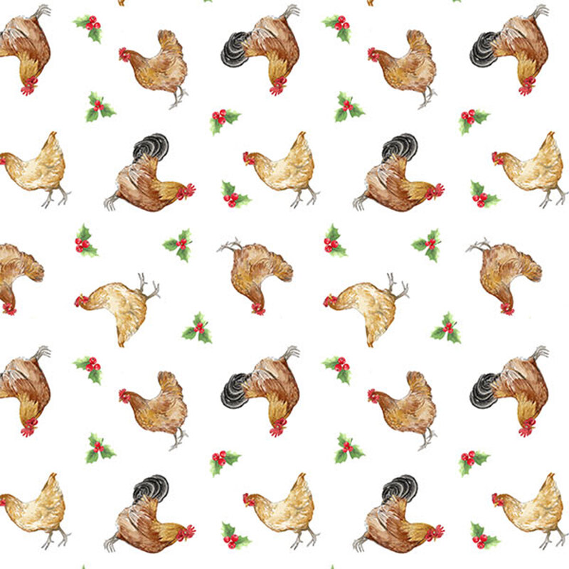white fabric featuring chickens and roosters scattered with sprigs of holly.