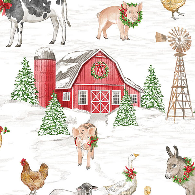 white fabric featuring a nostalgic snowy farm scene with red barns and farm animals decorated with holly wreaths.