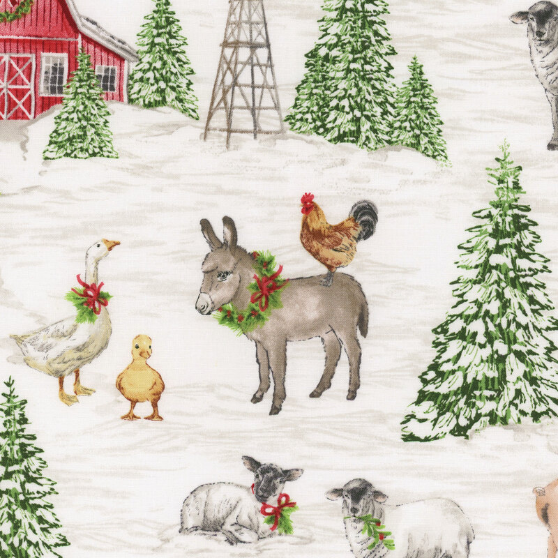 cloud white fabric featuring a nostalgic snowy farm scene with red barns and farm animals decorated with holly wreaths.