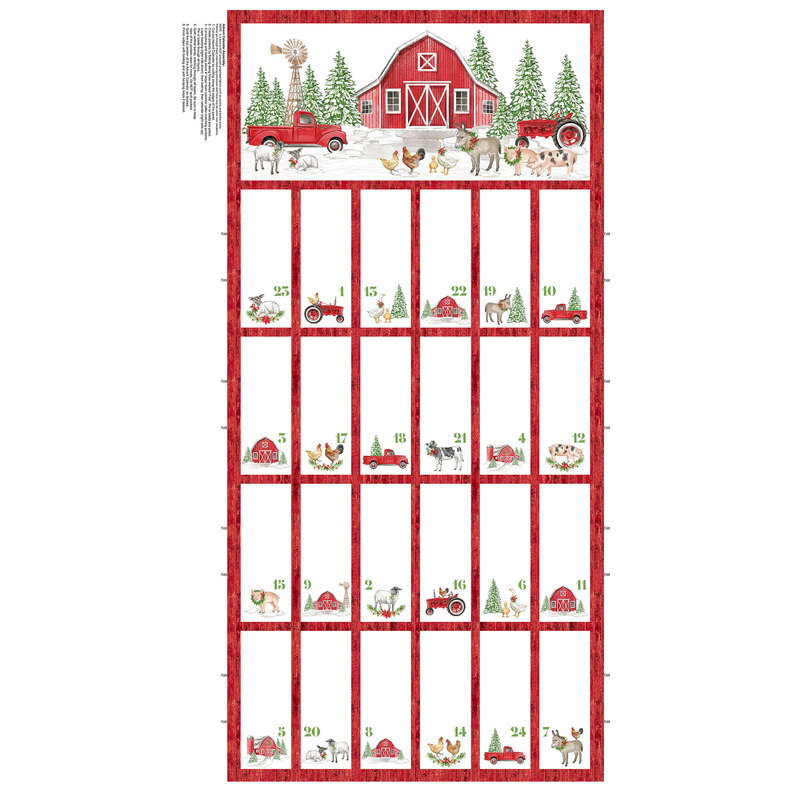 Advent panel project featuring a red barn, farm equipment, and farm animals with a thick barn red border.