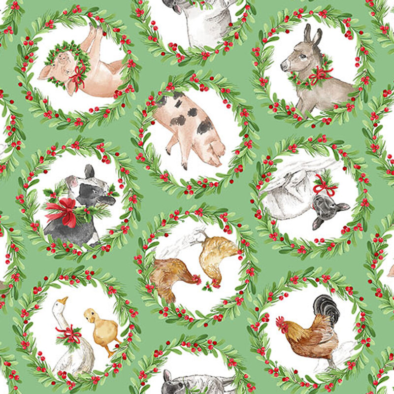green fabric featuring farm animals inside wreaths made of holly