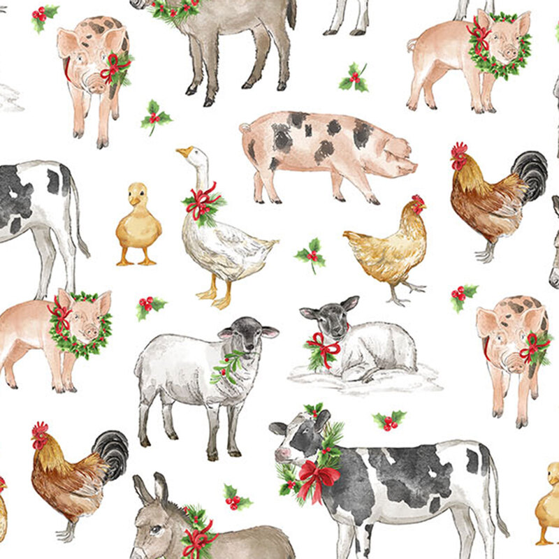 white fabric featuring farm animals wearing holly wreaths tossed with springs of holly.