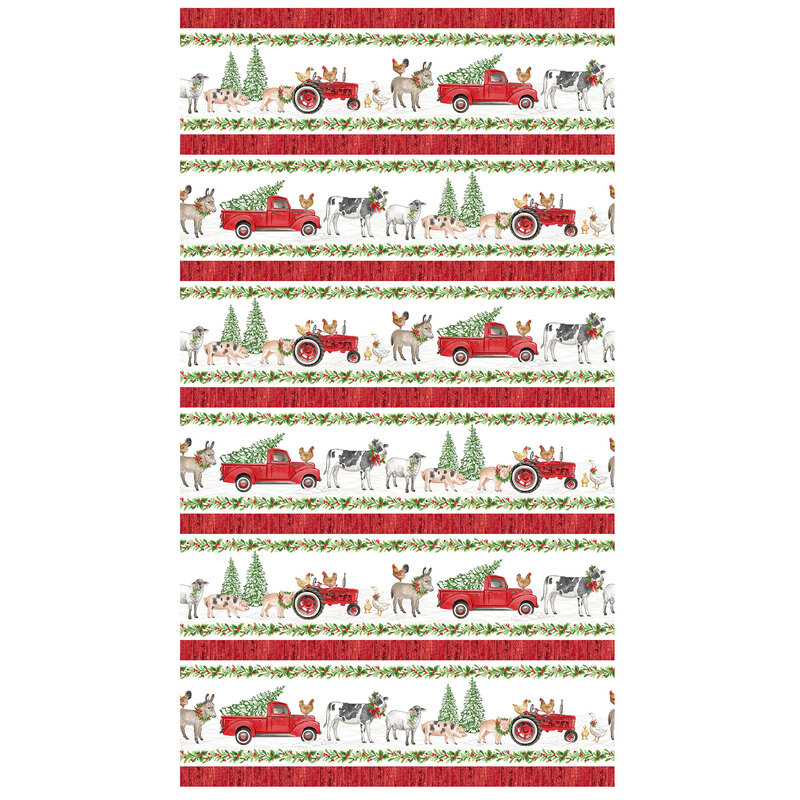 Border stripe featuring red farm equipment and farm animals alternating with rows of holly garlands and red barn siding.