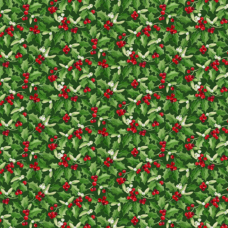 hunter green fabric featuring green holly sprigs and red holly berries