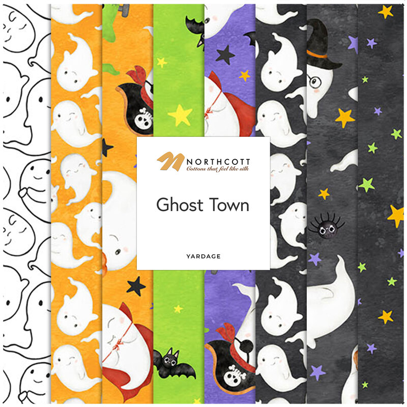 Digital collage of fabrics included in the Ghost Town collection with orange, green, purple, black, and white fabrics with cheerful ghosts.
