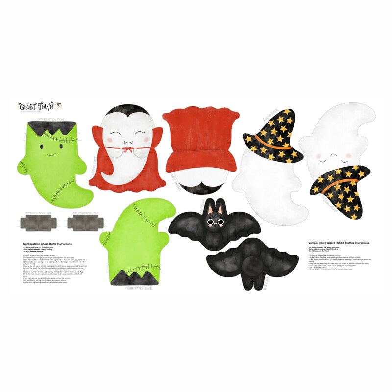 Panel project of minky fabric featuring four cheerful halloween-themed stuffies.