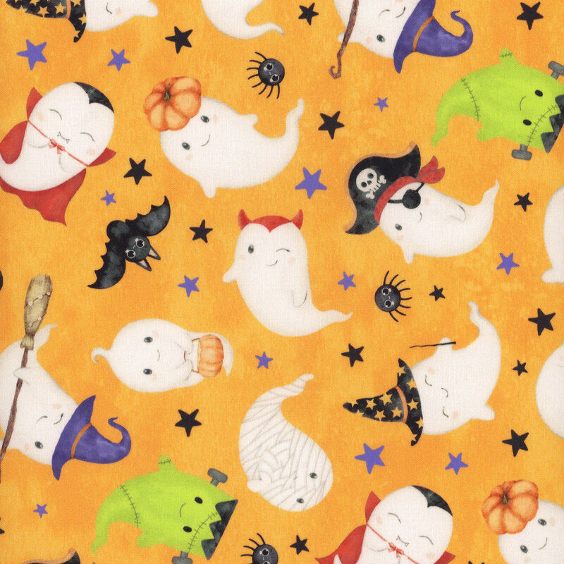 ghosts in costumes, spiders, bats, and starts tossed on a pumpkin-orange background