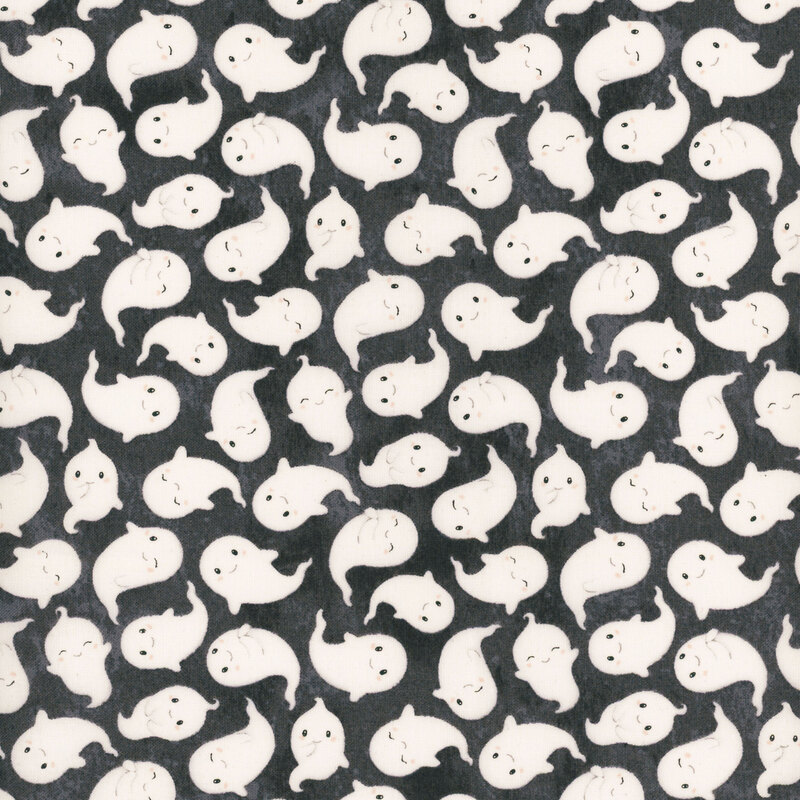 mottled black fabric featuring cheerful, rosy-cheeked white ghosts.