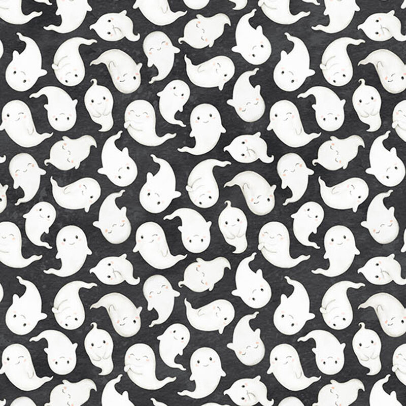 mottled black fabric featuring cheerful, rosy-cheeked white ghosts.