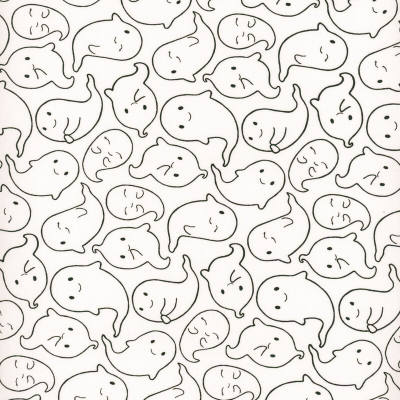 white fabric featuring cheerful, cheeky white ghosts outlined in black.