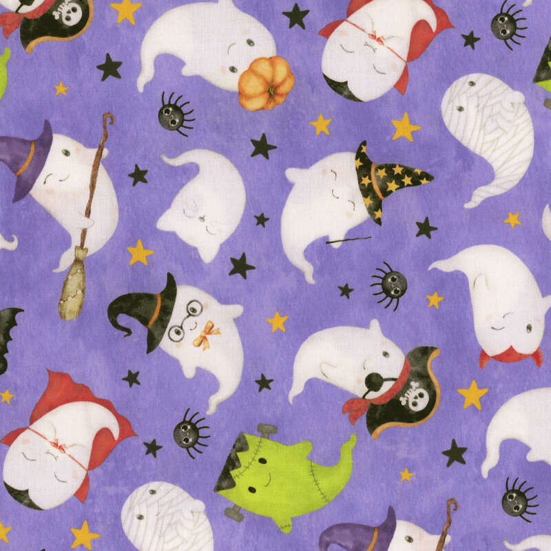 ghosts in costumes, spiders, bats, and starts tossed on a mottled purple background