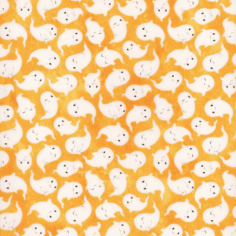 mottled orange fabric featuring cheerful, rosy-cheeked white ghosts.