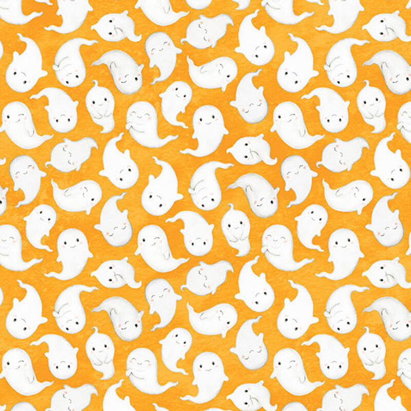 mottled orange fabric featuring cheerful, rosy-cheeked white ghosts.