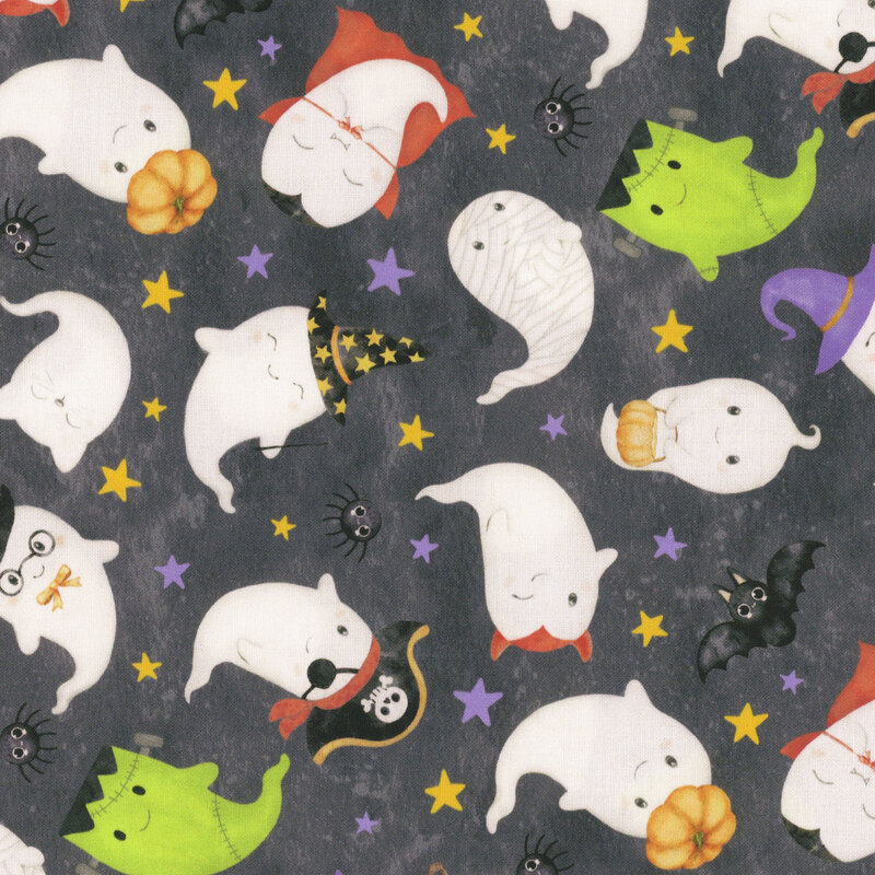 ghosts in costumes, spiders, bats, and starts tossed on a mottled black background