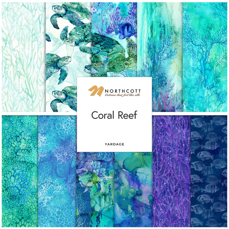 Digital collage of fabrics included in the Coral Reef collection with aquamarine, teal, purple, and white fabrics with a ocean coral reef theme.